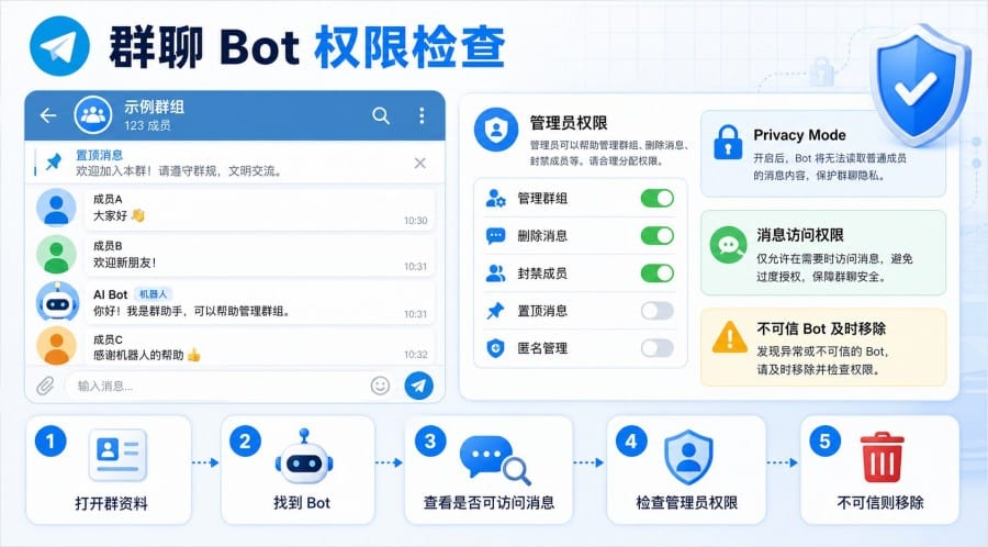 Telegram AI 机器人安全吗？隐私权限、群聊风险和账号安全指南 第 4 张正文图